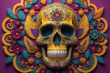 Mexican skull with colorful floral pattern. generative ai