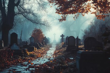 Canvas Print - A Foggy Graveyard Path Lined with Tombstones and Autumn Leaves