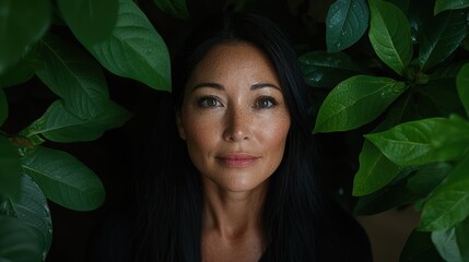 Sticker - woman surrounded by lush green leaves