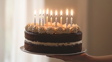 Birthday Cake with Burning Candles and Whipped Cream