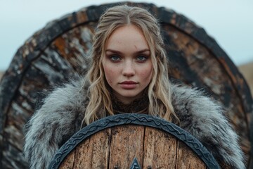 Canvas Print - woman in fur-trimmed coat holding wooden shield