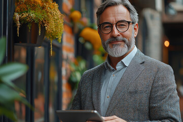 Smiling man with grey hair using a tablet.