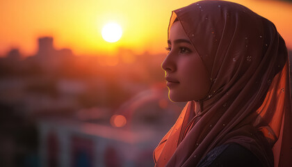 Poster - A woman wearing a scarf is looking at the sun