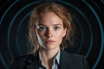 Wall Mural - Serious-looking woman with curly hair in a dark suit