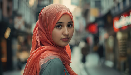 Poster - A woman wearing a scarf and a black coat walks down a busy city street