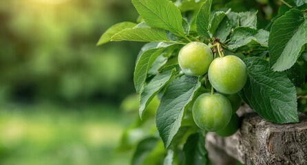 Poster - Fresh green apples growing on a tree branch