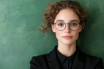 Wall Mural - young woman with curly hair and glasses in front of chalkboard