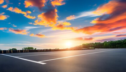 Vibrant parking lot under a colorful sky with sunlight illuminating cars along a wide asphalt road on a sunny day