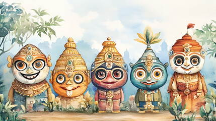 Watercolor Illustration for Jagannath Rath Yatra with stylized masks