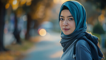 Poster - A woman wearing a scarf and running in the street