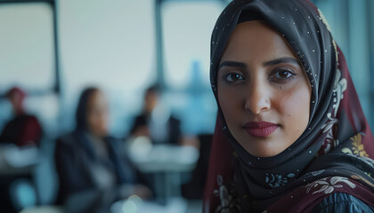 Sticker - A woman wearing a red scarf stands in front of a table with a bottle and a cup