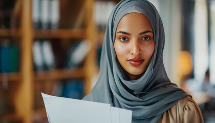 Wall Mural - A woman wearing a grey scarf is holding a white piece of paper