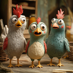 Three cartoon chickens are standing in front of a wooden shelf. One of the chickens has a red beak