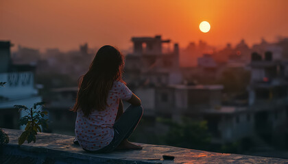 Wall Mural - A woman sits on a ledge overlooking a city at sunset