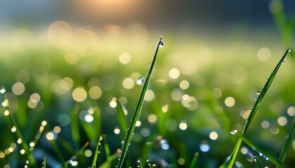 Glowing Dewdrops on Fresh Morning Grass with Sparkling Bokeh in Nature’s Embrace