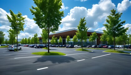 Expansive asphalt parking lot adorned with trees under a blue sky and white clouds, featuring a prominent hall building in the backdrop