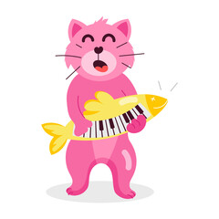 Poster - Comic style sticker showing a cat playing fish piano 

