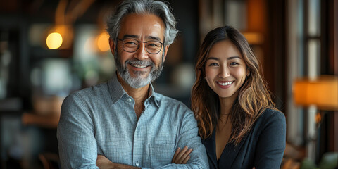 Canvas Print - Smiling couple in a casual setting, posing with their arms crossed.