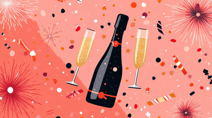 Wall Mural - New Year's Eve toast illustration featuring a champagne bottle, fireworks and confetti