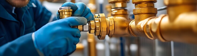 A close-up view of a worker installing or adjusting shiny brass plumbing fittings with blue gloves on, highlighting craftsmanship in plumbing.