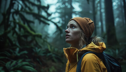 A woman wearing a yellow hat and jacket is standing in a forest