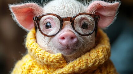 Sticker - A cute piglet wearing stylish glasses and a cozy yellow sweater poses playfully indoors