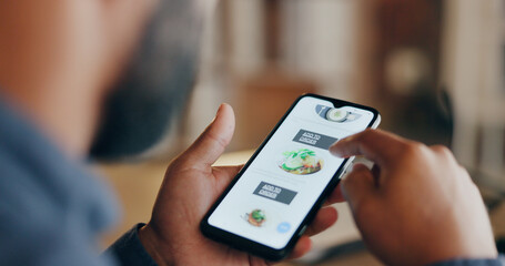 Aufkleber - Food, delivery and business man with phone for order, takeout and mobile app service in office. Website, menu and person on smartphone screen with option for lunch, dinner or meal on break at night