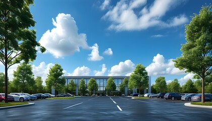 Expansive asphalt parking lot adorned with trees under a blue sky and white clouds, featuring a prominent hall building in the backdrop