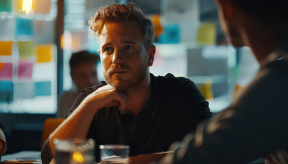 Wall Mural - A man with a beard is sitting at a table with a glass of water in front of him