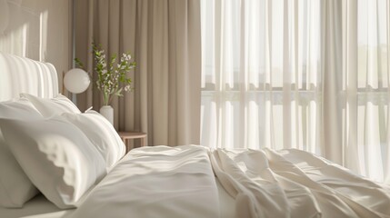 Poster - Sunlit Bed with White Linen and Sheer Curtains