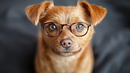 Poster - A small dog with glasses looks curiously at the camera while sitting against a dark background