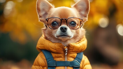 Canvas Print - A stylish Chihuahua wearing glasses and a winter jacket stands against a backdrop of vibrant autumn foliage