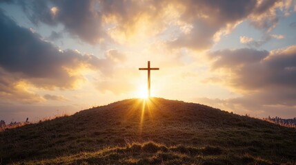 Wall Mural - Sunset with Cross on Hilltop