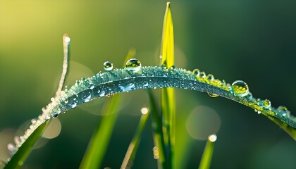 Wall Mural - Dew-Kissed Grass Blades Radiating Freshness and Serenity in Natures Morning Beauty