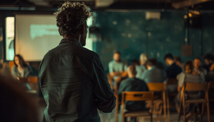 Wall Mural - A man stands in front of a group of people in a room