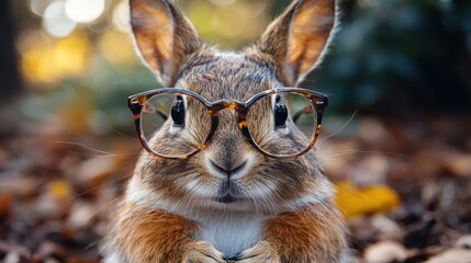 Wall Mural - Curious rabbit wearing glasses posing among autumn leaves in a peaceful forest setting