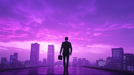 Canvas Print - Silhouette of a Businessman Against a Purple Cityscape