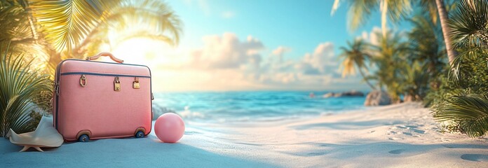 Pink Suitcase on Tropical Beach with Palm Trees