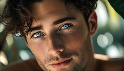 Wall Mural - Enchanting close-up of striking blue eyes radiating calmness in soft, natural light