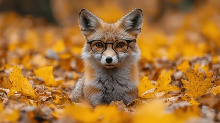 Wall Mural - A clever fox wearing glasses surrounded by autumn leaves in a vibrant forest setting