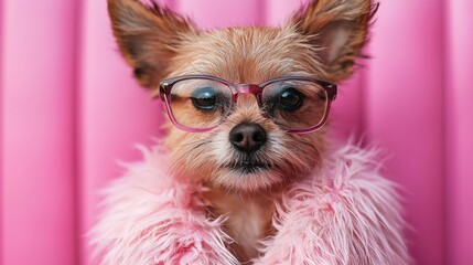 Canvas Print - A fashionable small dog wearing glasses and a fluffy pink outfit against a bright pink background indoors