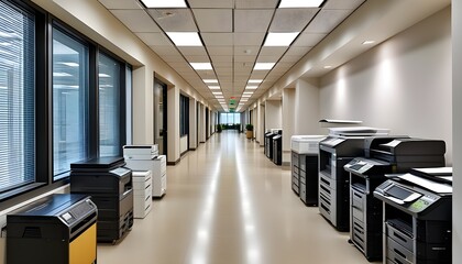 Wall Mural - Bright and contemporary office corridor featuring printers and copiers under fluorescent lights, guiding towards a cozy seating space in the distance