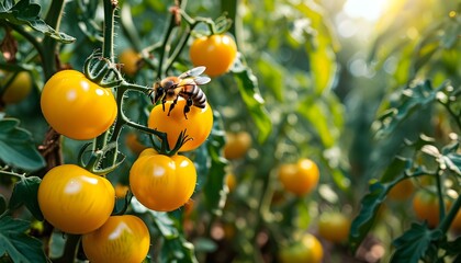 Buzzing bee pollinating vibrant tomato flower in sunlit garden filled with lush green foliage and ripe yellow tomatoes