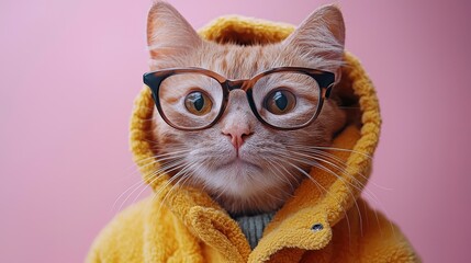 Poster - A playful cat wearing glasses and a cozy yellow hoodie against a pink backdrop