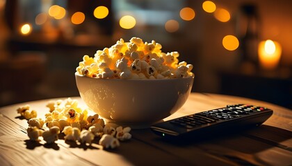 Wall Mural - cozy movie night setup with popcorn and remote control on a coffee table illuminated by warm, soft light