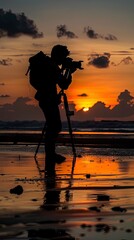 Wall Mural - Silhouette of young photographer on the beach with generative ai