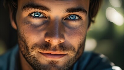 Wall Mural - Enchanting close-up of striking blue eyes radiating calmness in soft, natural light