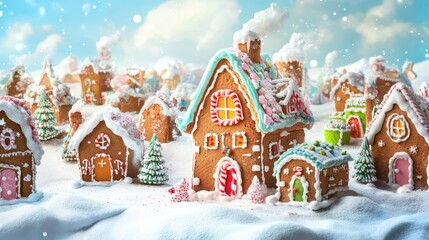 Christmas gingerbread city or town. Colorful christmas gingerbread house panorama - concept