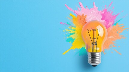 Canvas Print - Lightbulb with Colorful Paint Splatter on Blue Background