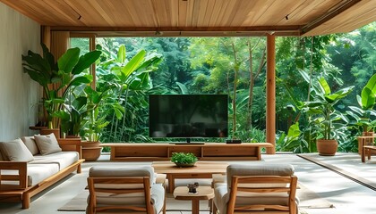 Wall Mural - Bright minimalist living room featuring large TV, wooden furniture, and lush green plants illuminated by natural light